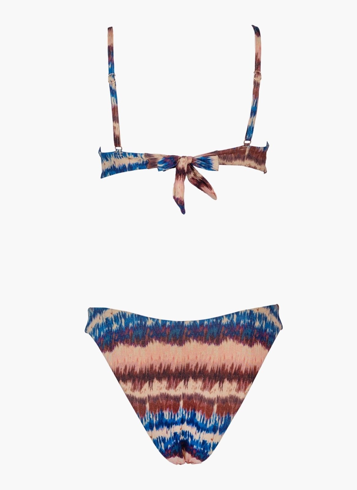 Blue and rust wave print bikini top with tie front and matching bikini bottom, laid flat on white background