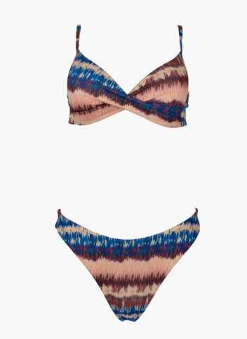 Blue and rust wave print underwire bikini top and matching bikini bottom, laid flat on white background