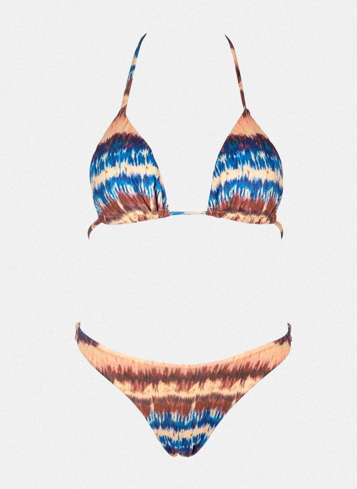 Blue and orange wave print triangle bikini top with halter tie and matching bikini bottom, laid flat on white background