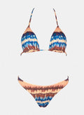 Blue and orange wave print triangle bikini top with halter tie and matching bikini bottom, laid flat on white background