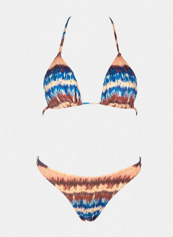 Blue and orange wave print triangle bikini top with halter tie and matching bikini bottom, laid flat on white background