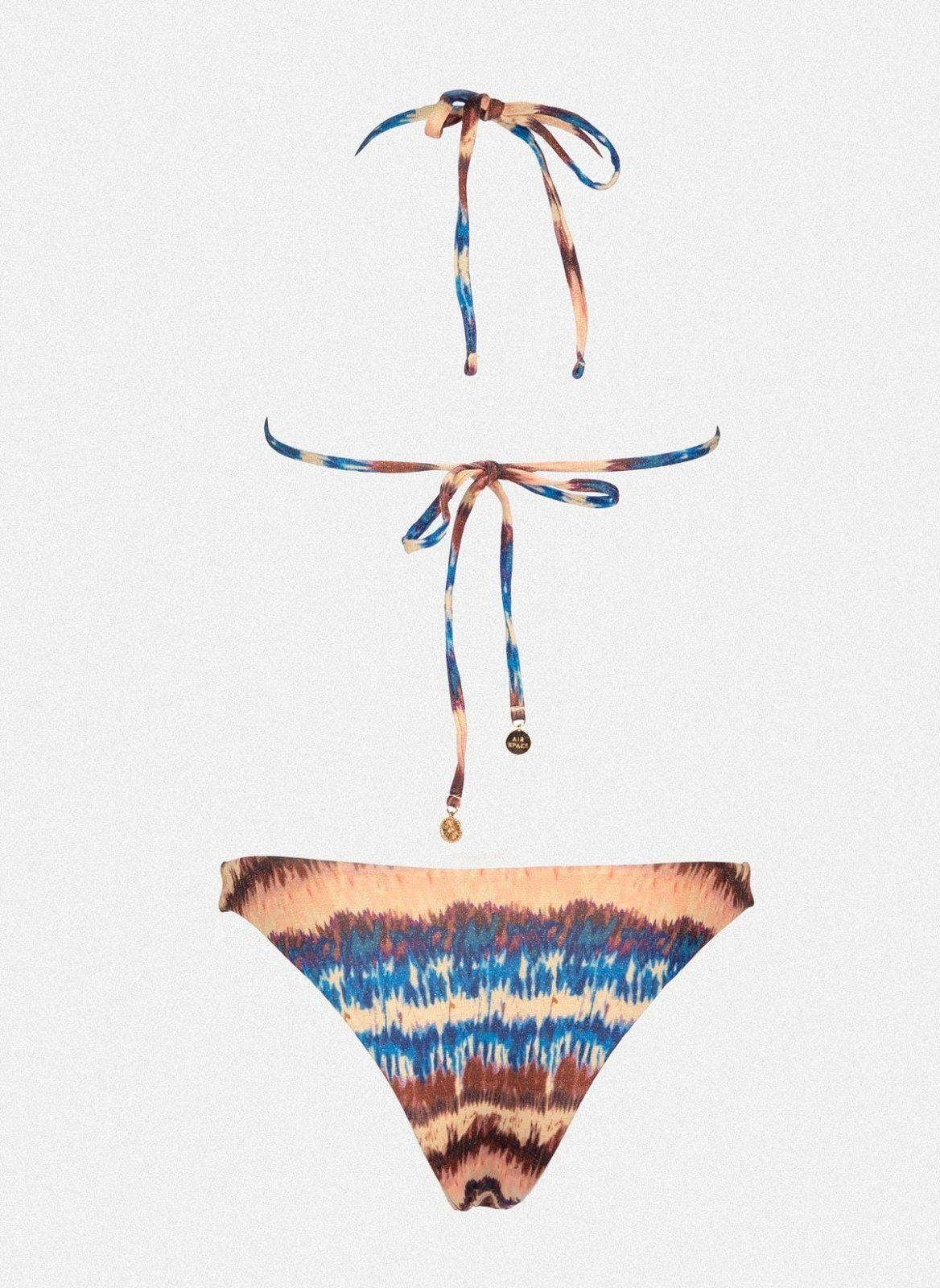 Blue and orange wave print string bikini top with tie back and matching bikini bottom, laid flat on white background