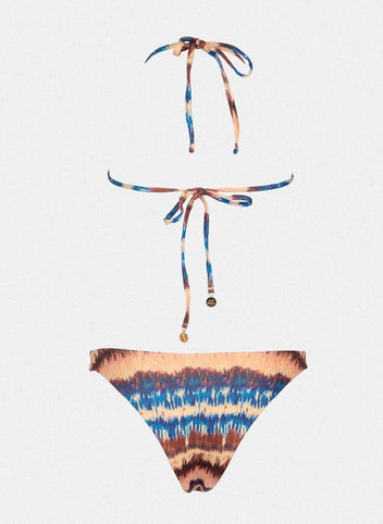 Blue and orange wave print string bikini top with tie back and matching bikini bottom, laid flat on white background