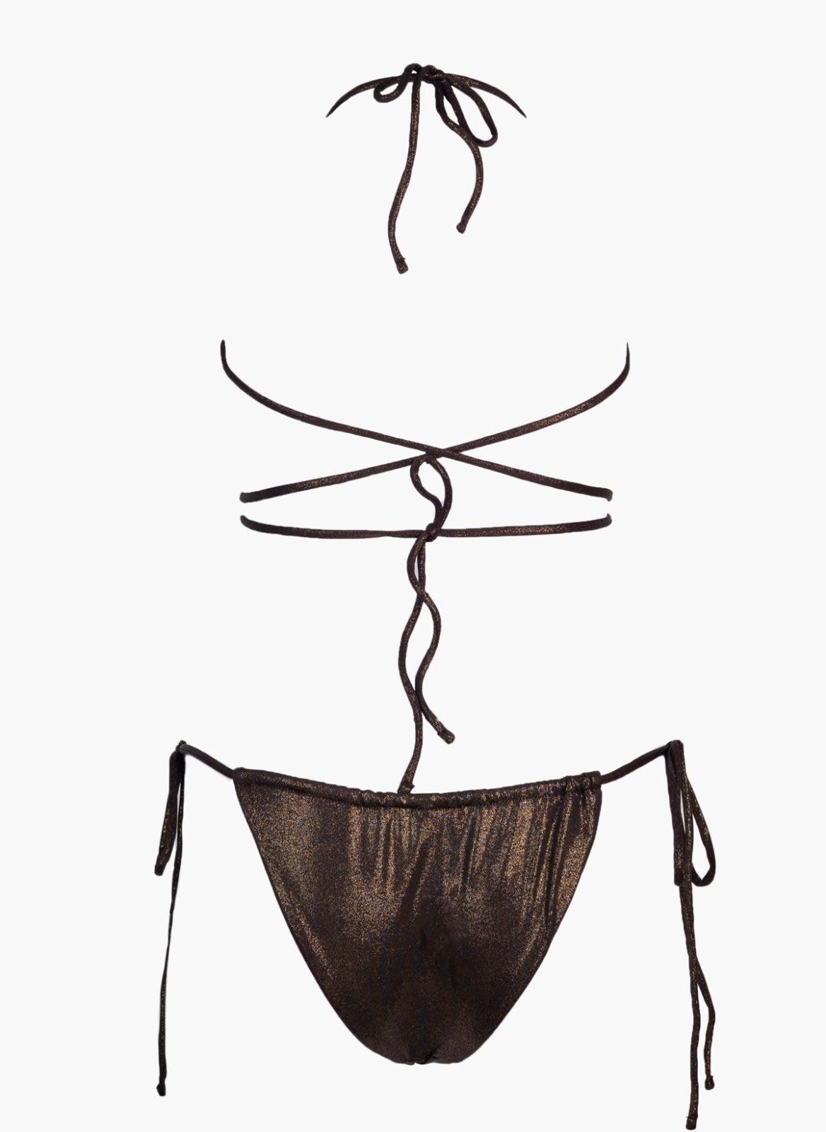 Dark brown metallic string bikini top with wrap tie and matching side-tie bikini bottom, laid flat on white background