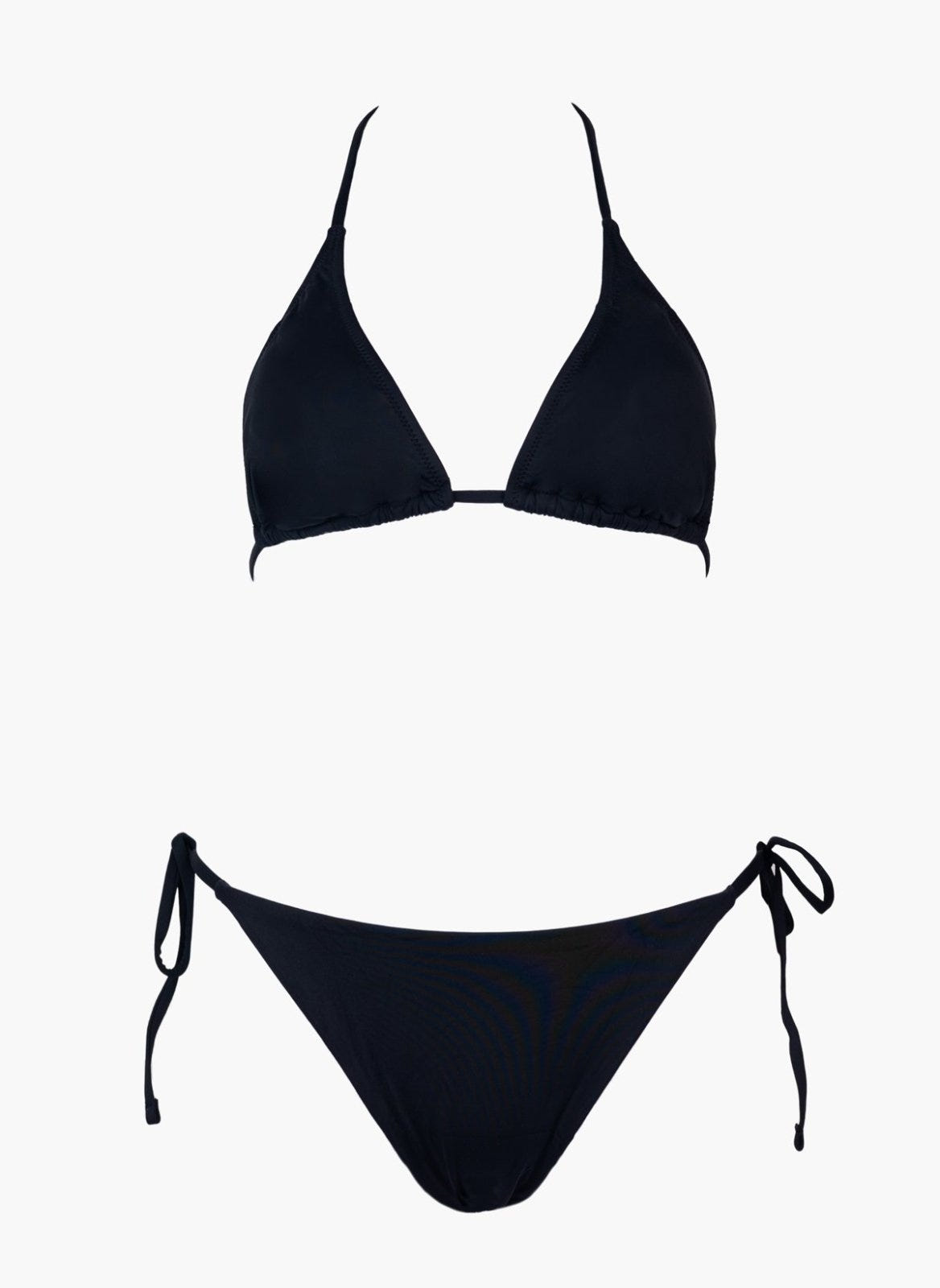 Black triangle bikini top with thin straps and black side-tie bikini bottom, laid flat on white background