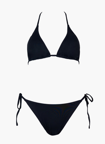 Black triangle bikini top with thin straps and black side-tie bikini bottom, laid flat on white background