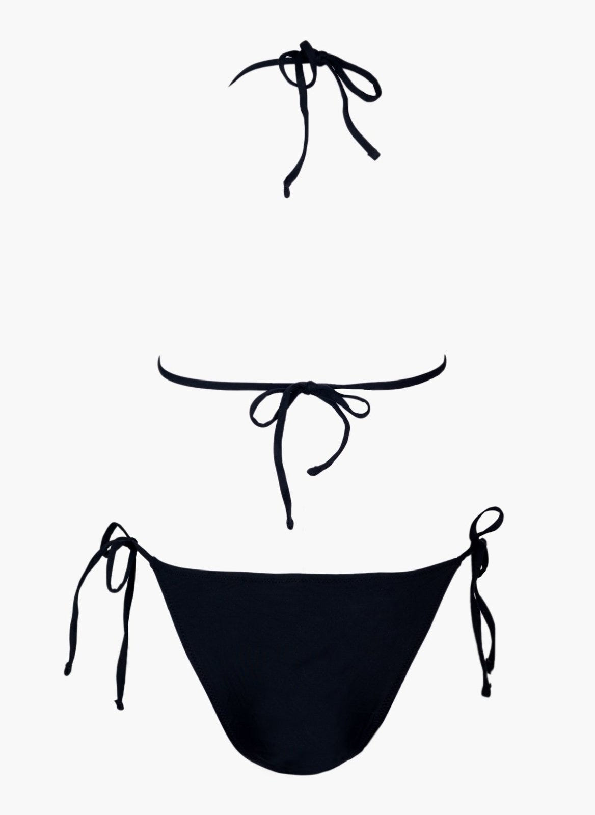 Black string bikini top with tie back and black side-tie bikini bottom, laid flat on white background