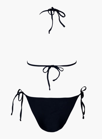 Black string bikini top with tie back and black side-tie bikini bottom, laid flat on white background