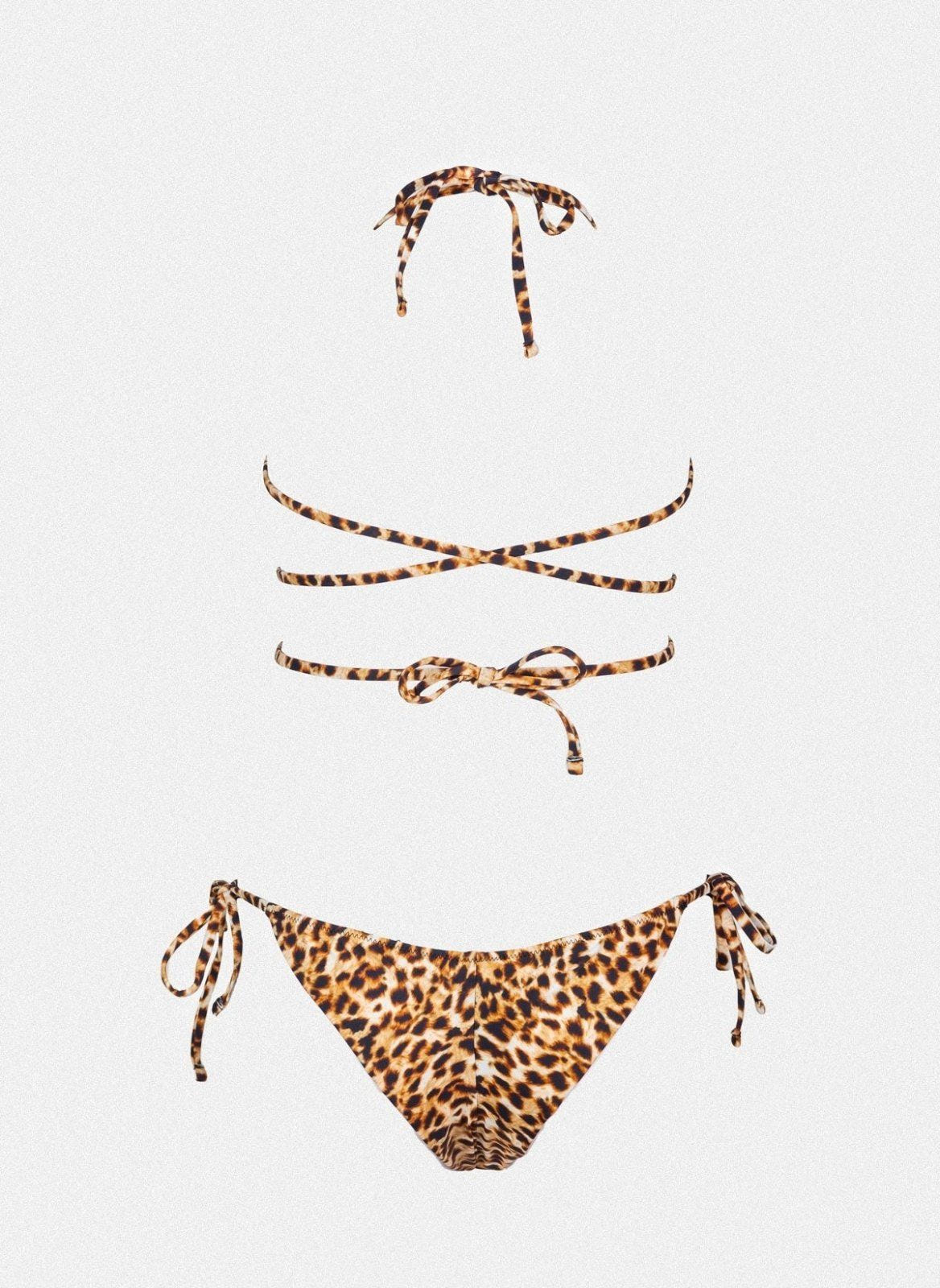 Leopard print string bikini top with wrap tie and matching side-tie bikini bottom, laid flat on white background
