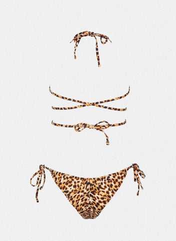 Leopard print string bikini top with wrap tie and matching side-tie bikini bottom, laid flat on white background