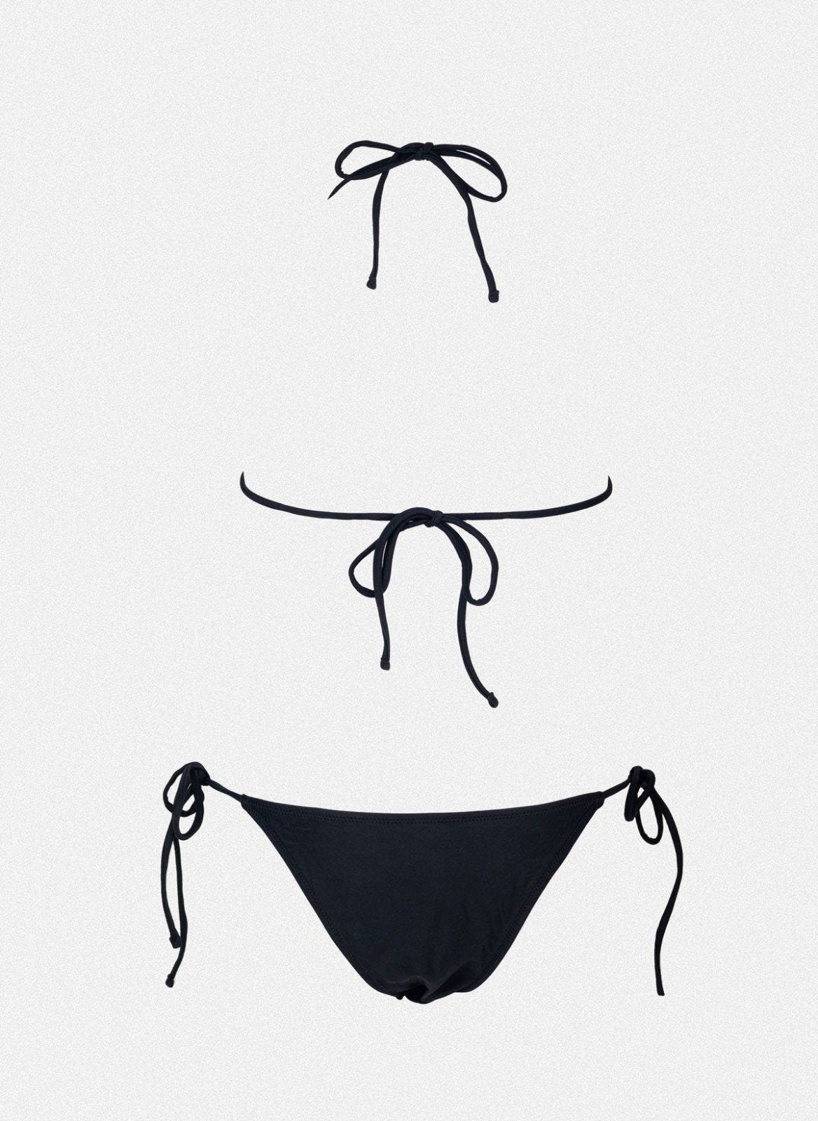 Black string bikini top with tie back and black side-tie bikini bottom, laid flat on white background