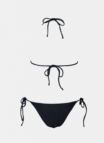 Black string bikini top with tie back and black side-tie bikini bottom, laid flat on white background