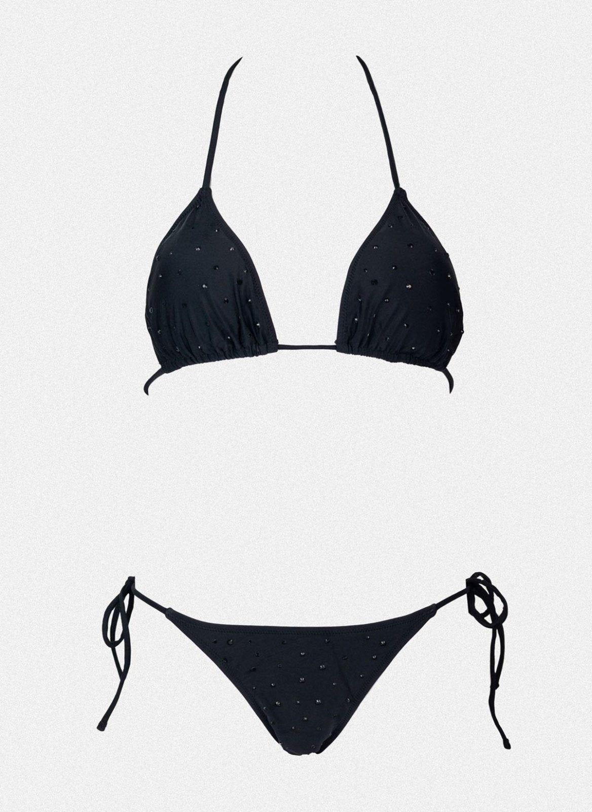 Black triangle bikini top with thin straps and black side-tie bikini bottom, laid flat on white background