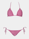 Pink triangle bikini top with halter tie and pink side-tie bikini bottom, laid flat on white background