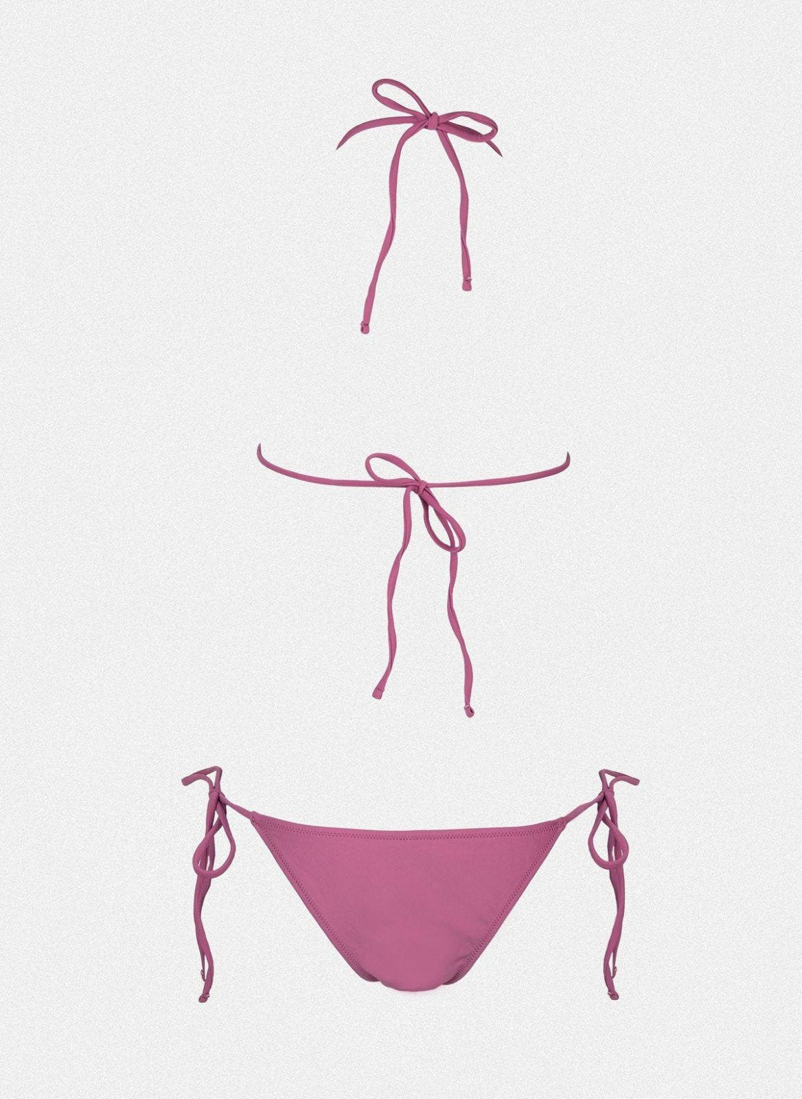 Pink string bikini top with tie back and pink side-tie bikini bottom, laid flat on white background