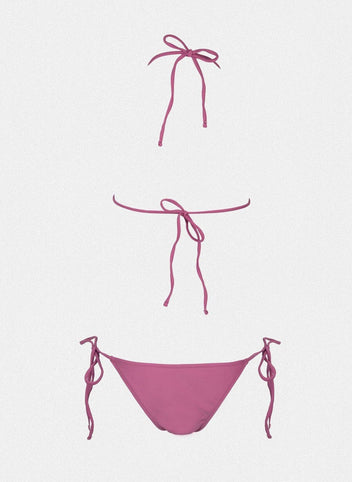 Pink string bikini top with tie back and pink side-tie bikini bottom, laid flat on white background