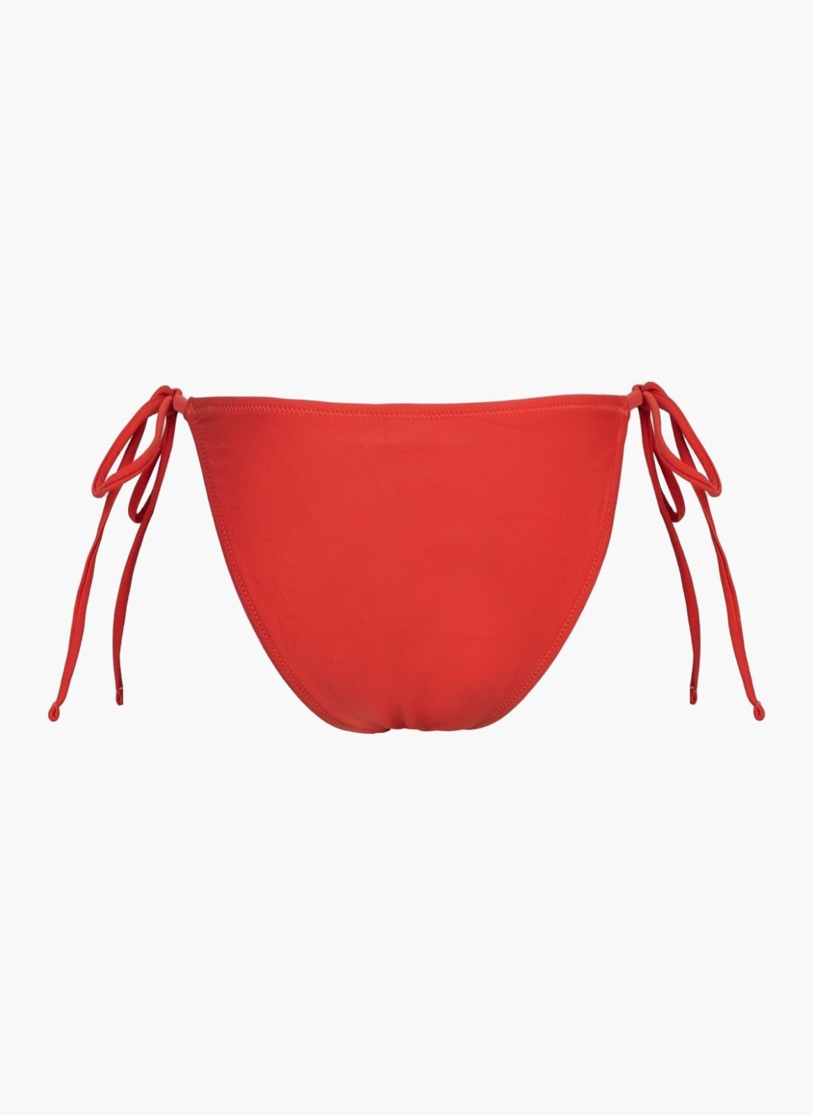 Red side-tie bikini bottom with thin tie straps and high-cut back, laid flat on white background