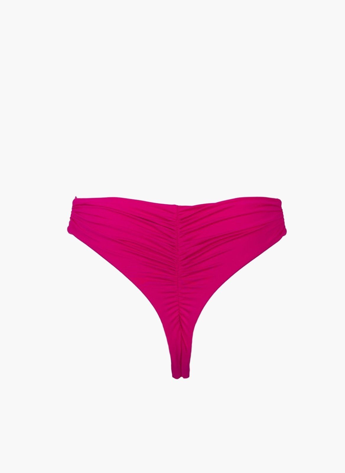 Fuchsia bikini bottom with ruched back and thong cut, laid flat on white background