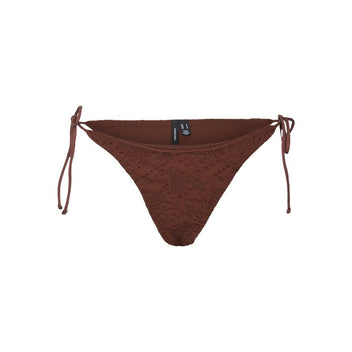 Brown ribbed side-tie bikini bottom with tie straps and thick waistband, laid flat on white background