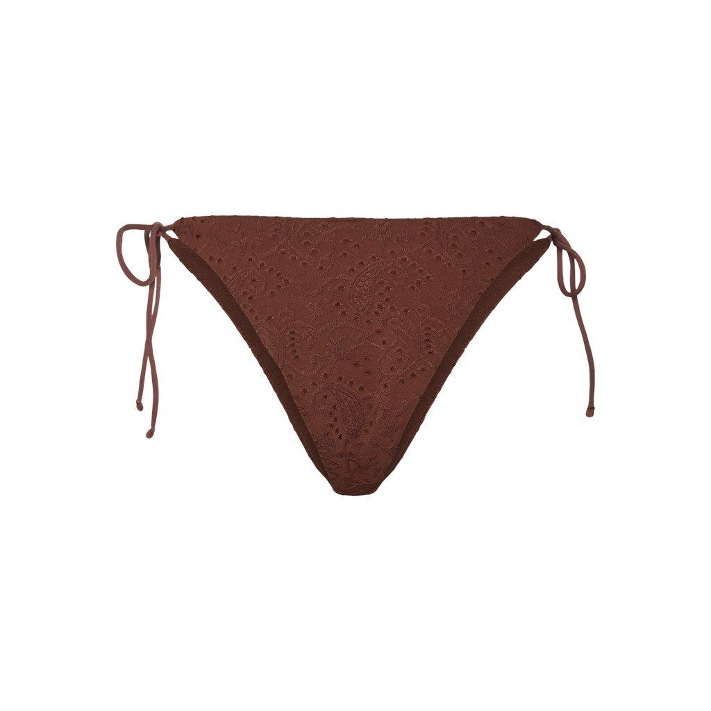 Brown ribbed side-tie bikini bottom with tie straps, laid flat on white background