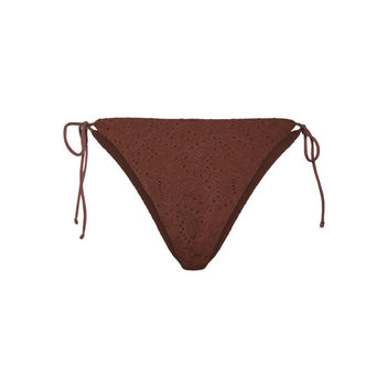 Brown ribbed side-tie bikini bottom with tie straps, laid flat on white background