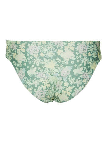 Mint green floral print bikini bottom with narrow waistband and rounded back, laid flat on white background