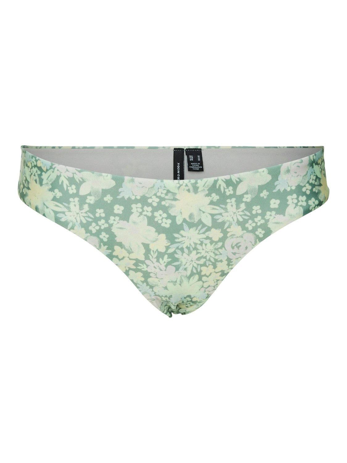 Mint green floral print bikini bottom with narrow waistband and low-cut front, laid flat on white background