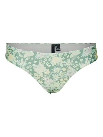 Mint green floral print bikini bottom with narrow waistband and low-cut front, laid flat on white background