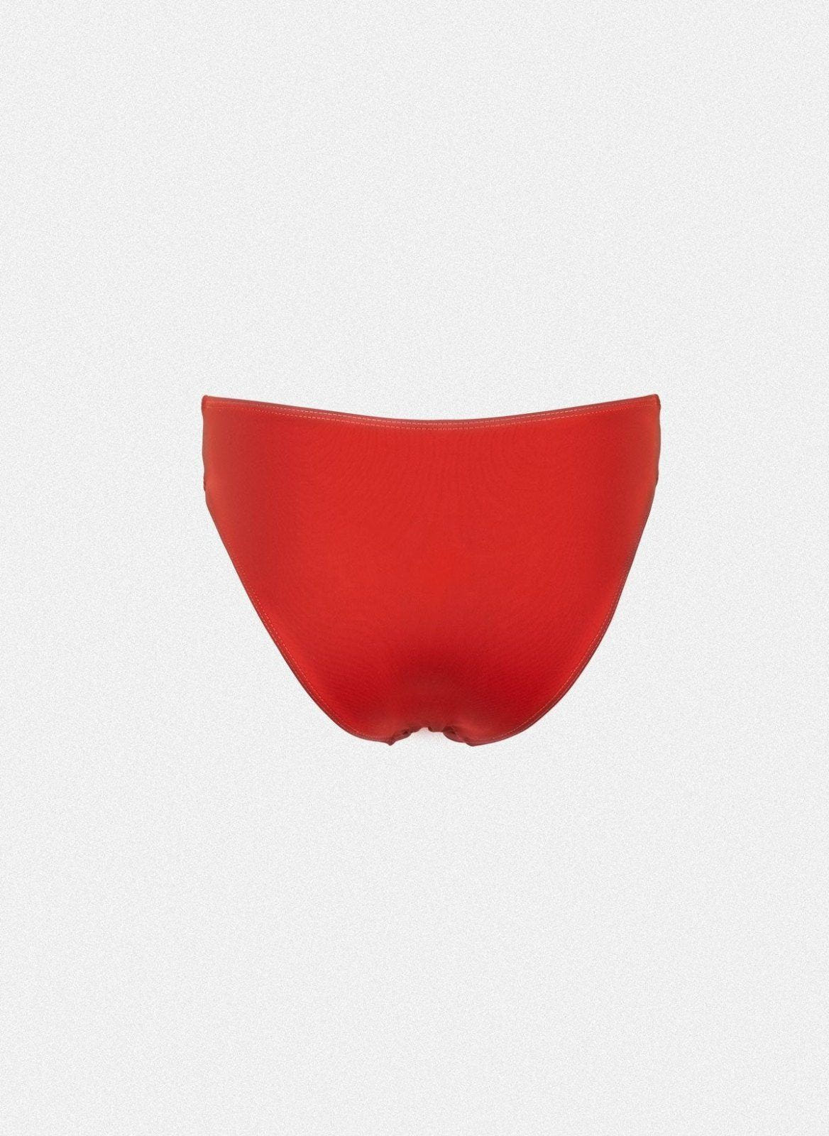 Red bikini bottom with narrow waistband and rounded back, laid flat on white background