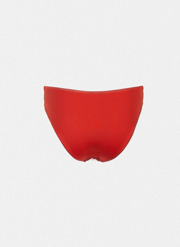 Red bikini bottom with narrow waistband and rounded back, laid flat on white background
