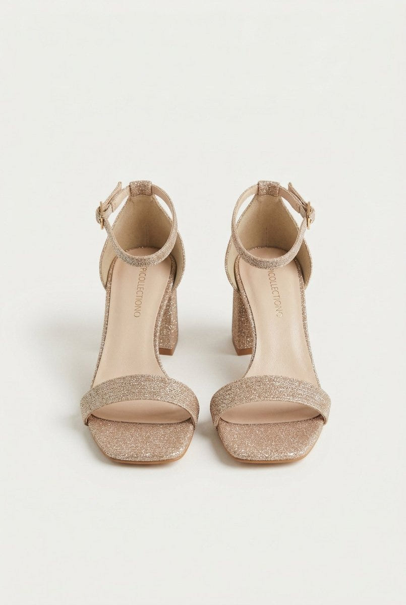 TFP - Block Heel Ankle Strap Sandals - Nude Lurex