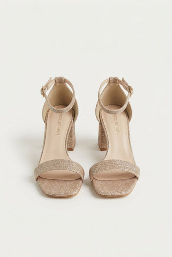 TFP - Block Heel Ankle Strap Sandals - Nude Lurex