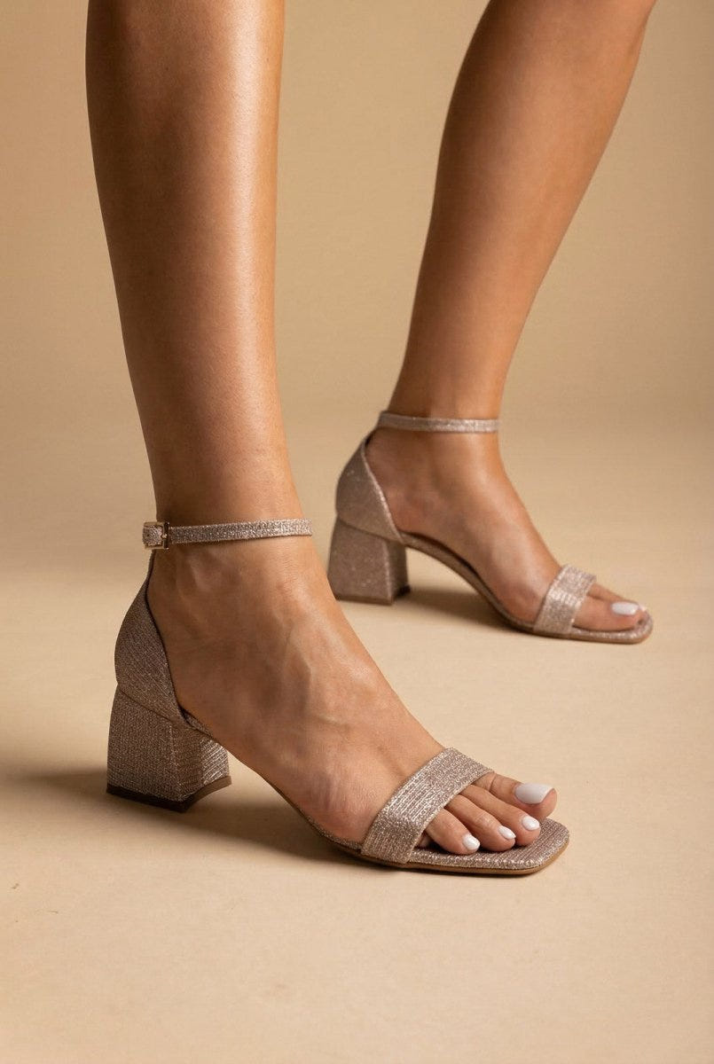 TFP - Block Heel Ankle Strap Sandals - Nude Lurex