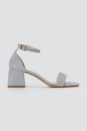 TFP - Block Heel Ankle Strap Sandals - Silver Lurex