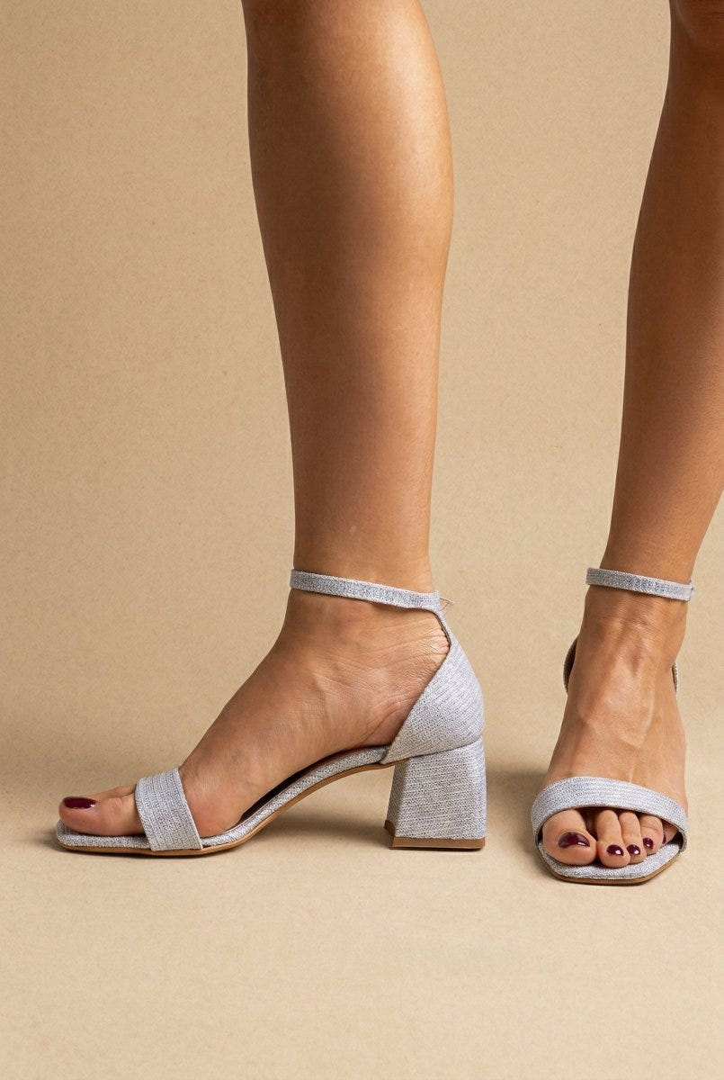TFP - Block Heel Ankle Strap Sandals - Silver Lurex
