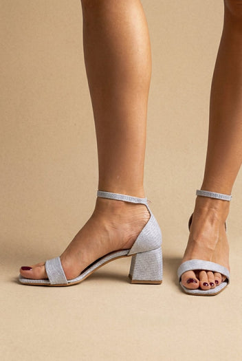 TFP - Block Heel Ankle Strap Sandals - Silver Lurex
