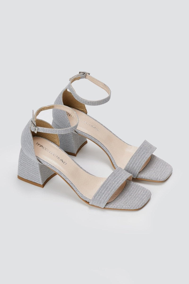 TFP - Block Heel Ankle Strap Sandals - Silver Lurex