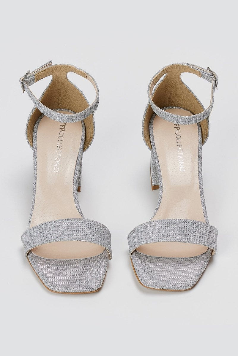 TFP - Block Heel Ankle Strap Sandals - Silver Lurex