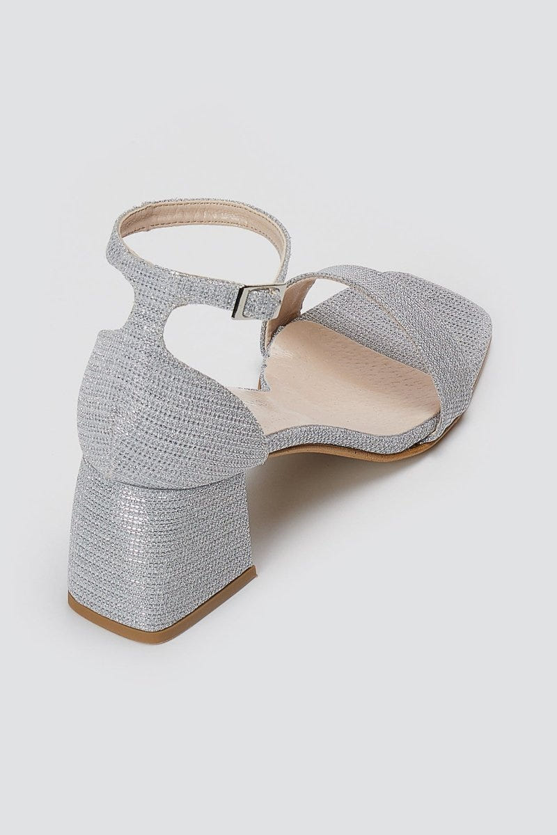 TFP - Block Heel Ankle Strap Sandals - Silver Lurex