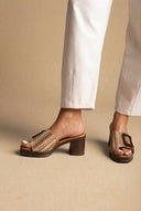 Refresh - Block Heel Mules Oversized Buckle - Tan Matte