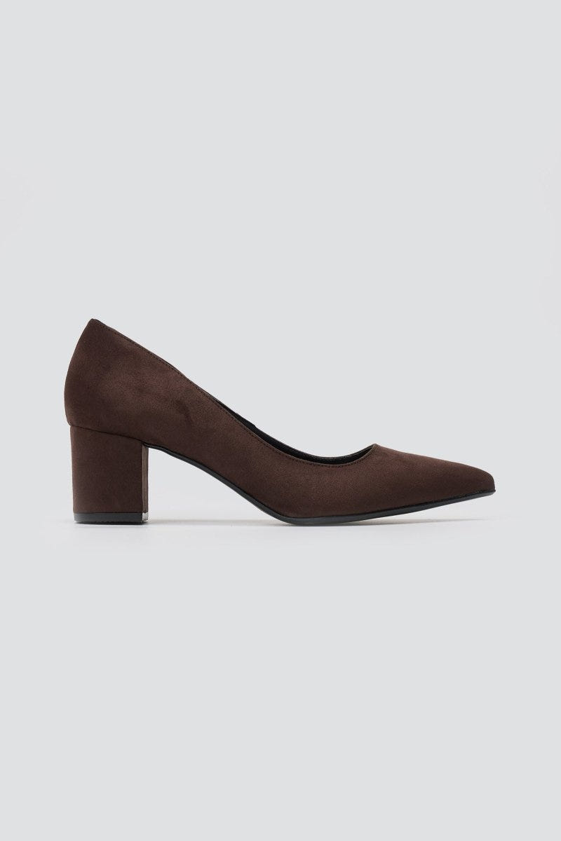 TFP - Block Heel Pointed Toe Pumps - Brown Suede