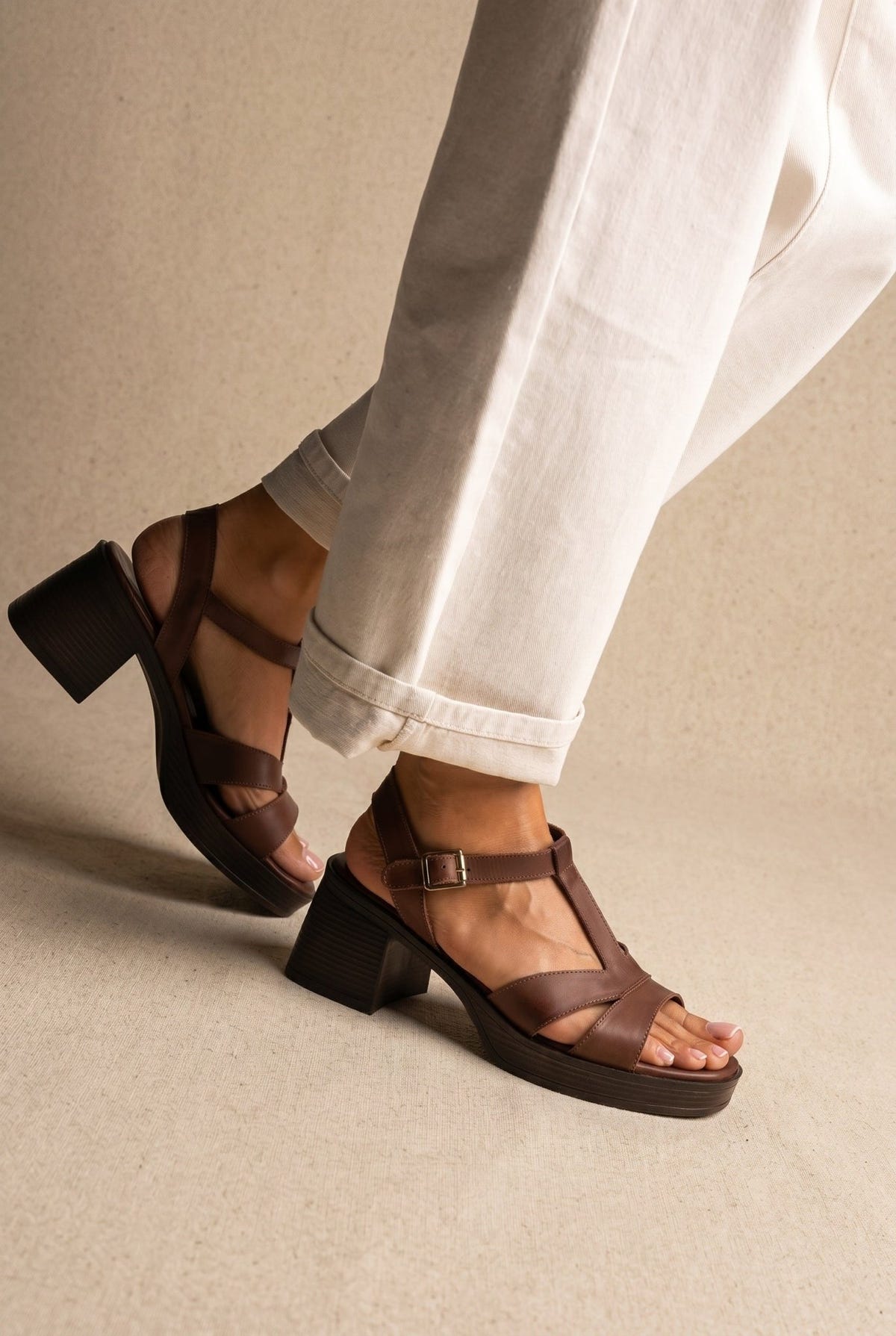 TFP - Block Heel Sandals Ankle Strap - Brown Matte