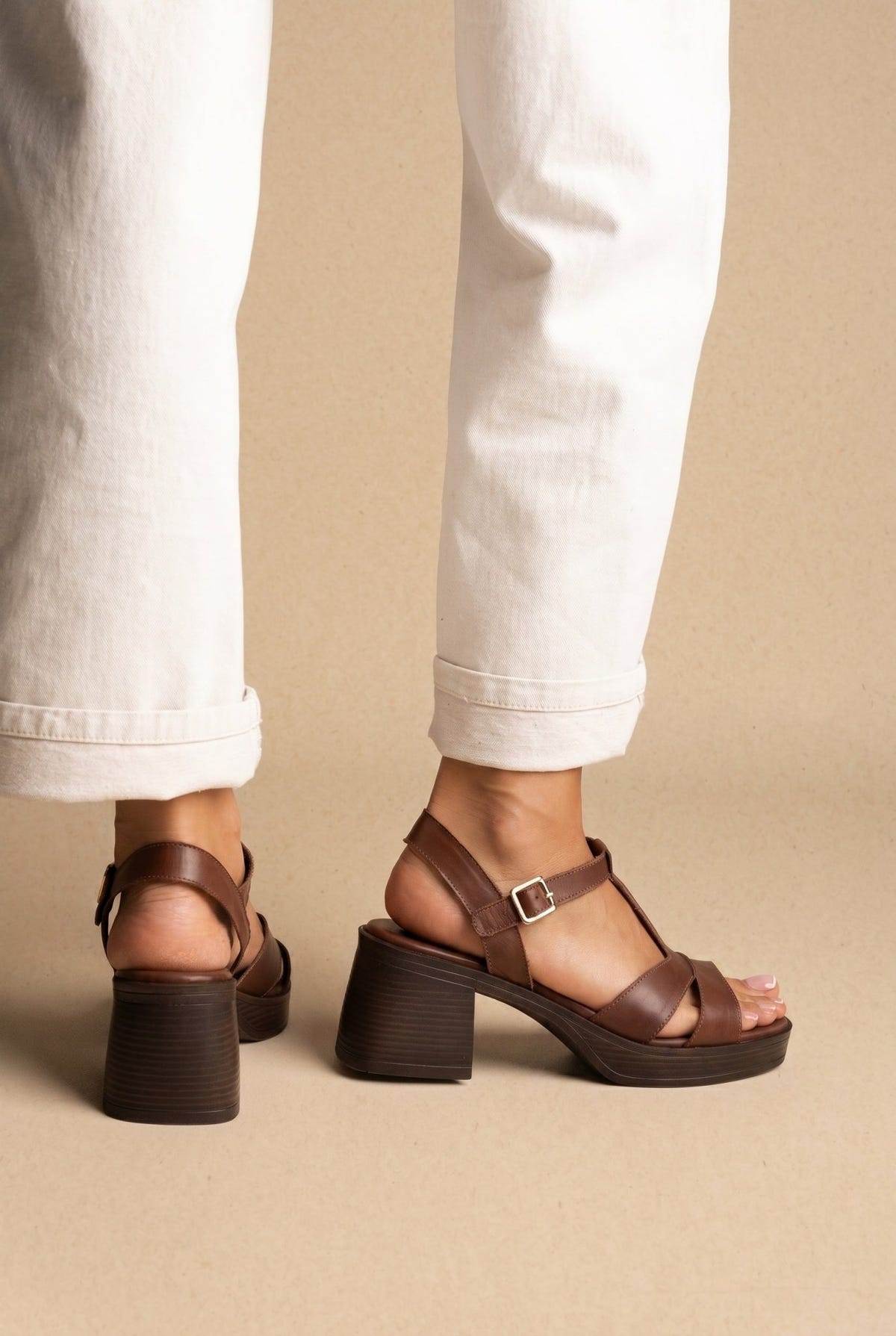 TFP - Block Heel Sandals Ankle Strap - Brown Matte