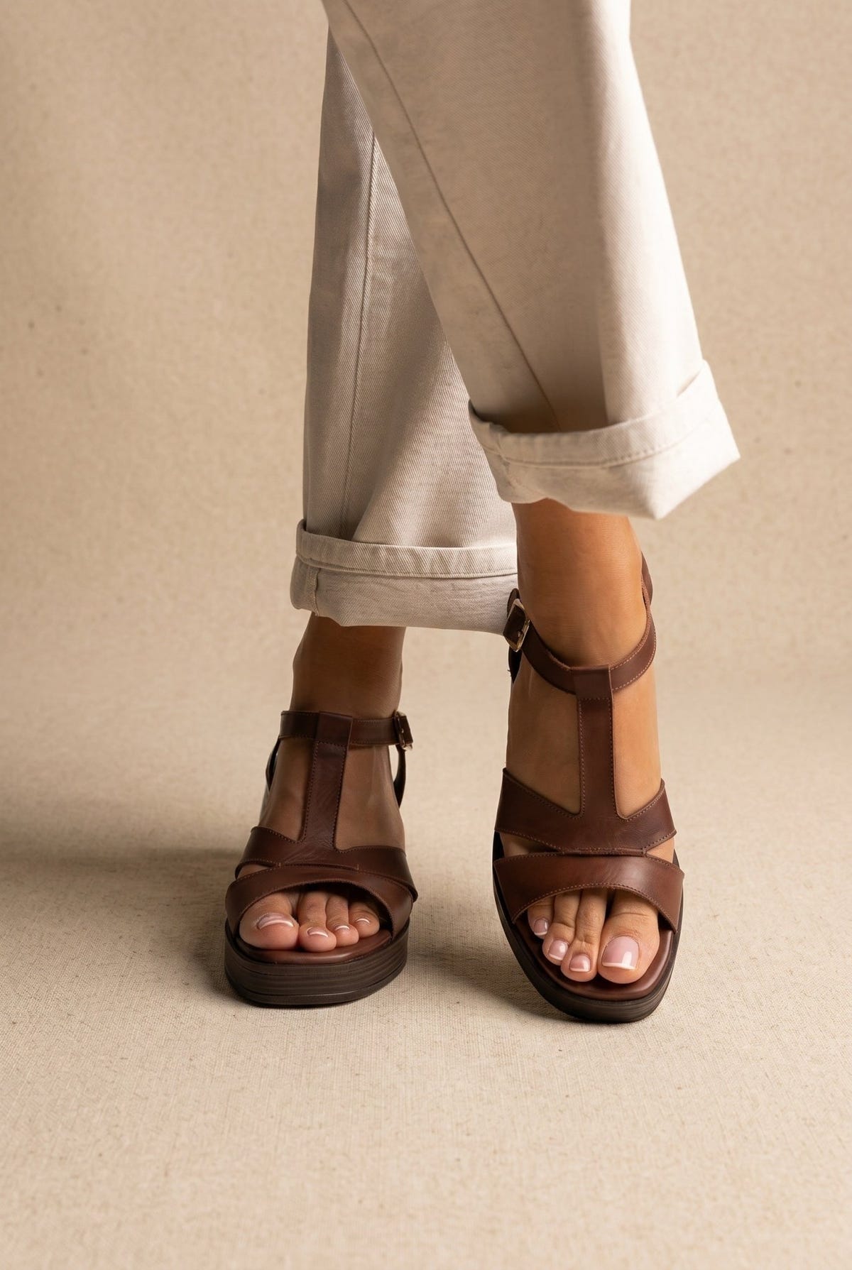 TFP - Block Heel Sandals Ankle Strap - Brown Matte
