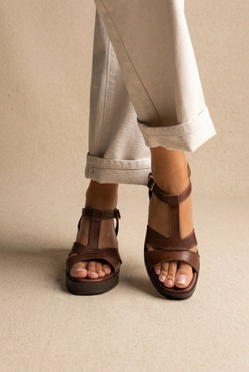 TFP - Block Heel Sandals Ankle Strap - Brown Matte