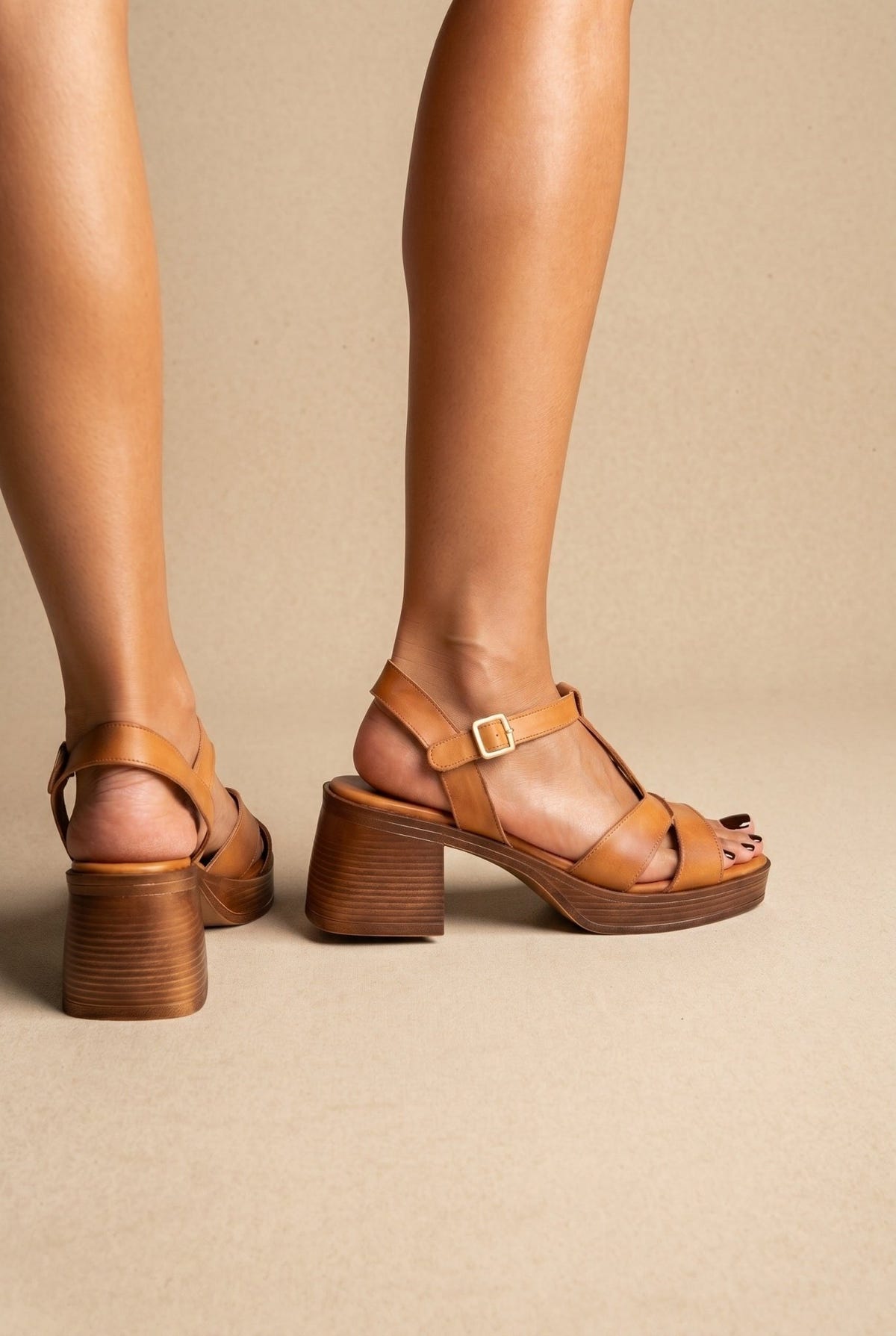 TFP - Block Heel Sandals Ankle Strap - Tan Matte