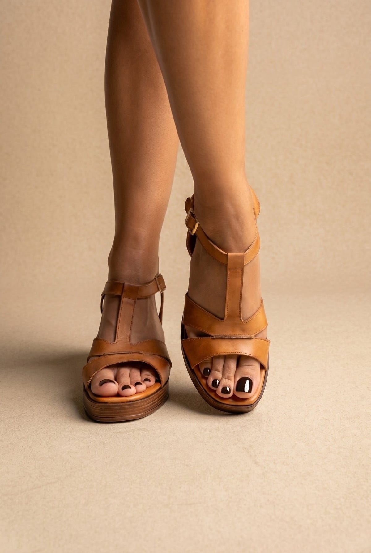 TFP - Block Heel Sandals Ankle Strap - Tan Matte
