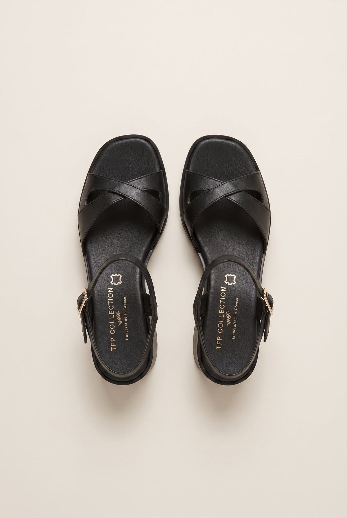 TFP - Block Heel Sandals Crossover Strap - Black Matte