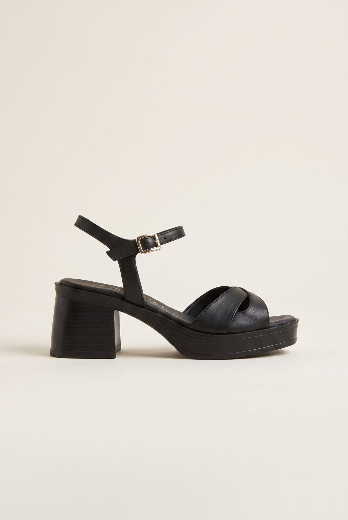 TFP - Block Heel Sandals Crossover Strap - Black Matte