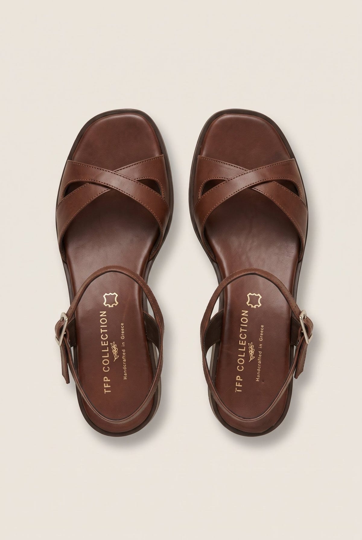 TFP - Block Heel Sandals Crossover Strap - Brown Matte